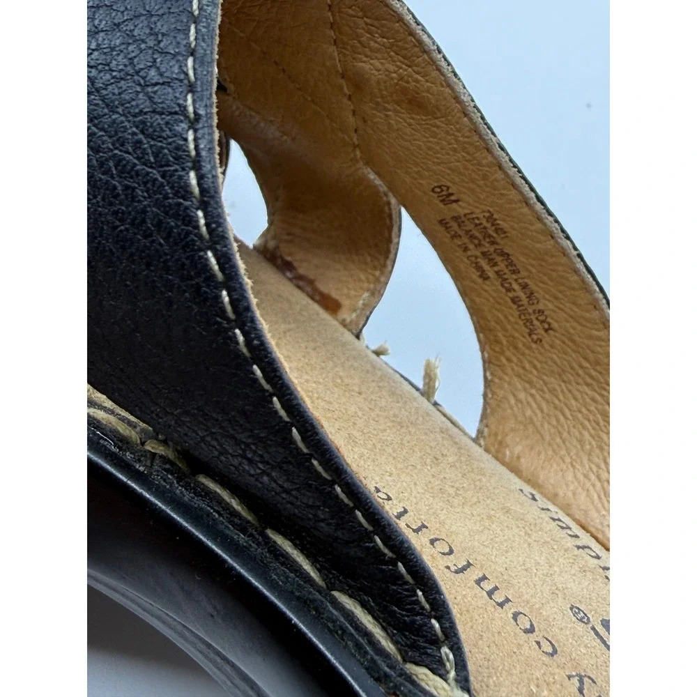 Softspots Womens Black Leather Strappy‎ Wedge Slide Sandals Toe Loop Size 6M